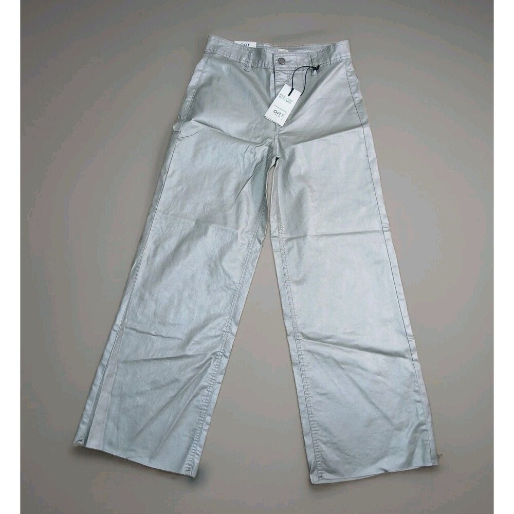NWT OAT New York Metallic Silver High Rise Wide Leg Pants Size 8/29 Stretch...